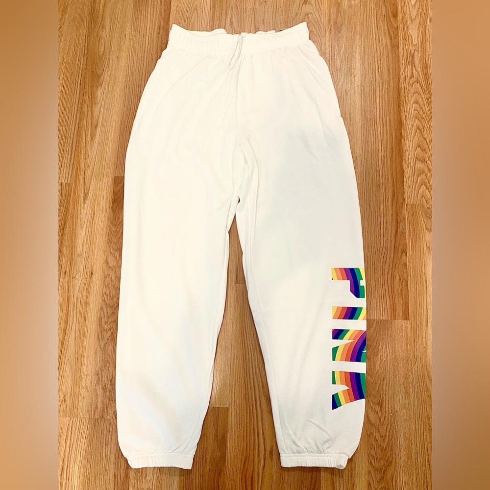 🌈NWT VS PINK RAINBOW WHITE MATCHING SET ZIP UP HOODIE / JOGGERS SIZE MEDIUM! HTF - Picture 9 of 16